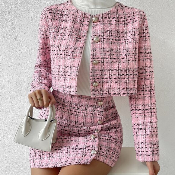 Jackets & Blazers - Pink Elegant Women's Plaid Button Front Crop Jacket & Skirt